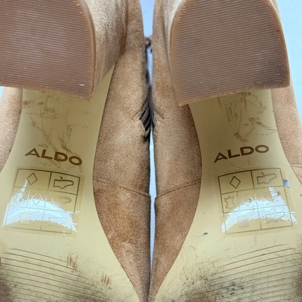 Aldo Suede Ankle Boots Women 7.5 Tan Block Heel Side Zip Neutral Minimalist Chic